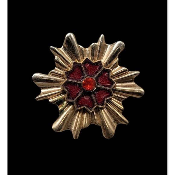 Gold Plated Star Burst Brooch Flower Center Red Rhinestone Accenr Vintage - Picture 4 of 8
